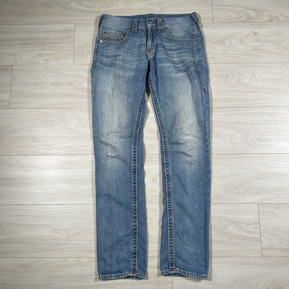 True Religion Men Slim Jeans 30x33 Blue Denim Red Stitching World Tour Y2K